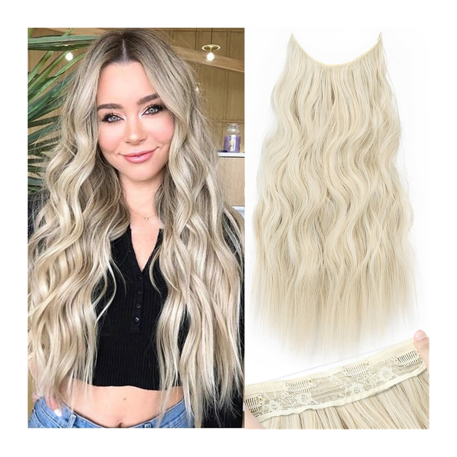 Synthetic 22Inch Long Wavy Invisible Wire Hair Extensions 4 Clips In Hairpiece Light Brown mix Platinum Blonde for Women Daily Party Use