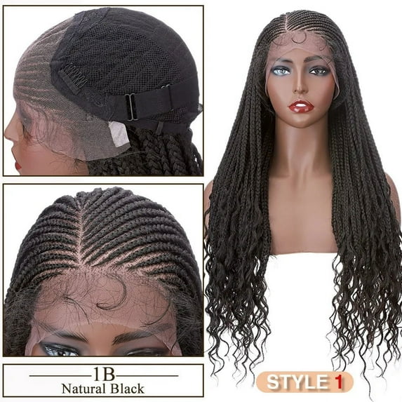 Synthetic 28'' Cornrow Braided Lace Wigs for Women and Girls - Curly Ends, Box Braided, Lace Front