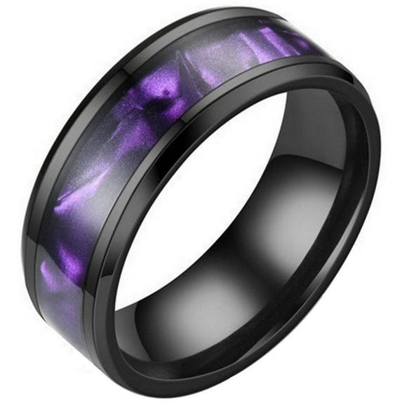 Synthetic Amethyst Ring Black Stainless Steel Purple Wedding Band Unisex Fantasy Forge Jewelry