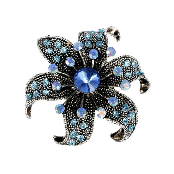 Synthetic Aquamarine Blue Synthetic Sapphire Crystal Rhinestone Dark y Tone Flower Pin Brooch