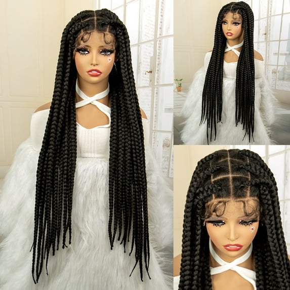 Synthetic Big Knotless Box Braided Wig Full Lace Braid Wig for Women HD Lace Frontal Cornrow Braided Wigs with Baby Hair 32 Inch Knotless Wigs (1B Color)