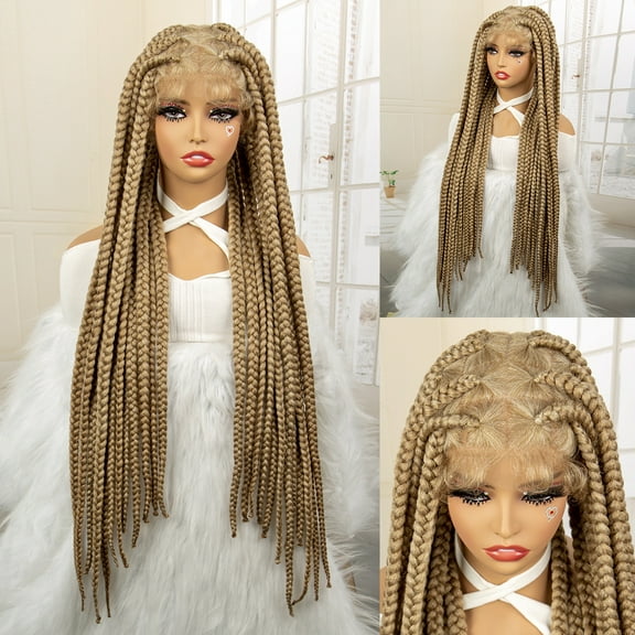 Synthetic Big Knotless Box Braided Wig Full Lace Braid Wig for Women HD Lace Frontal Cornrow Braided Wigs with Baby Hair 32 Inch Knotless Wigs (27/613 Color)