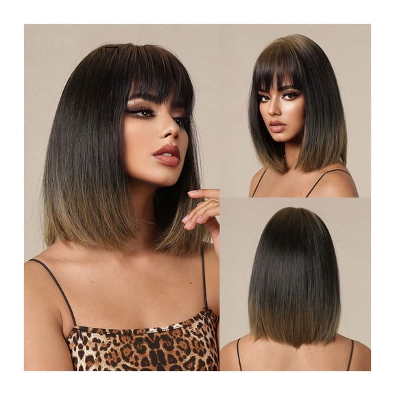 Synthetic Black Brown Ombre Bob Wig for Black Women Short Straight Cosplay Hair Wigs with Bangs Heat Resistant Fibre