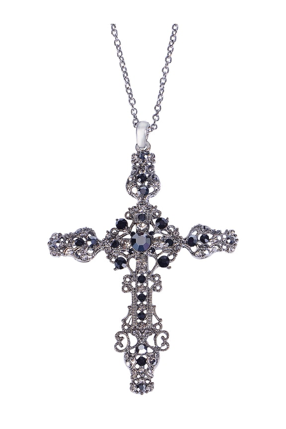 Synthetic Black Crystal Rhinestone Flourish Cross Pendant Necklace