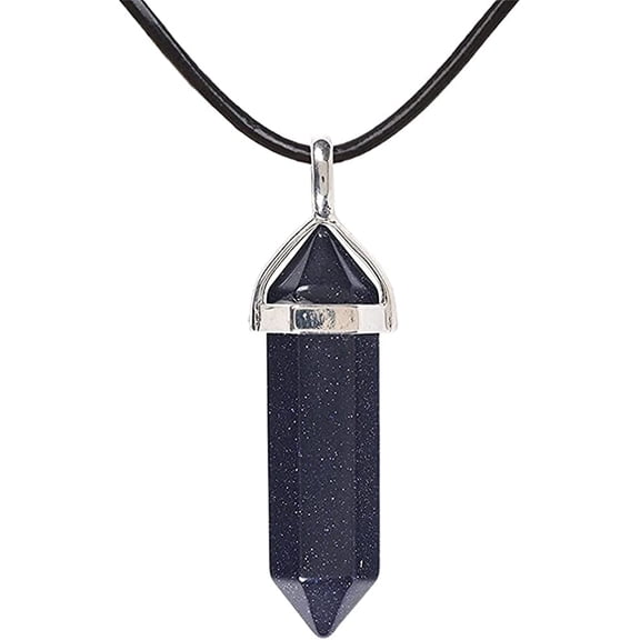 Synthetic Blue Goldstone Gemstone Hexagonal Pointed Reiki Chakra Pendant Genuine Leather Necklace 18 Inch