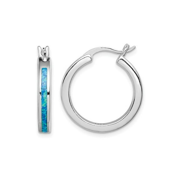 Gem & Harmony Synthetic Blue Opal Inlay Hoop Earrings in Sterling Silver for Women