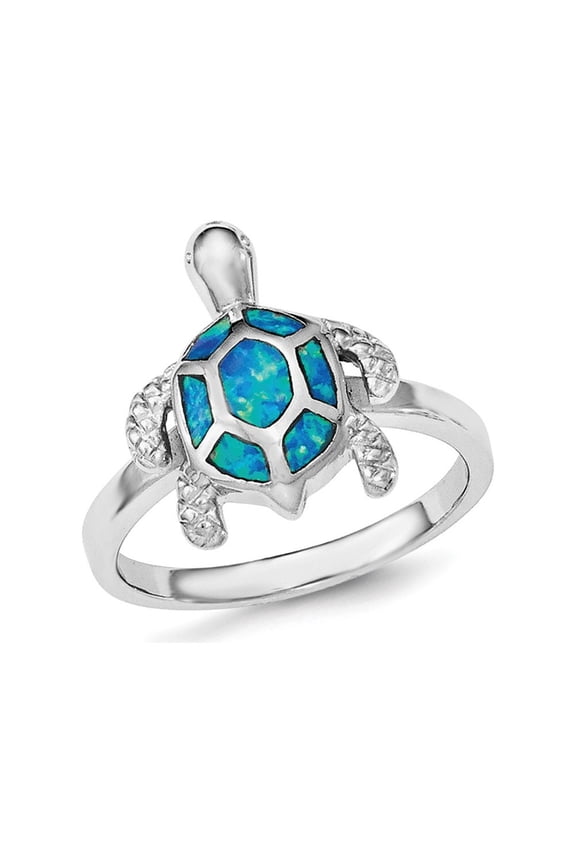 Gem & Harmony Synthetic Blue Opal Turtle Ring in Sterling Silver with Rhodium for Women