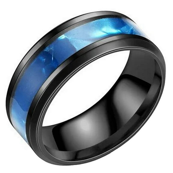 Synthetic Blue Topaz Ring Black Stainless Steel Azure Wedding Band