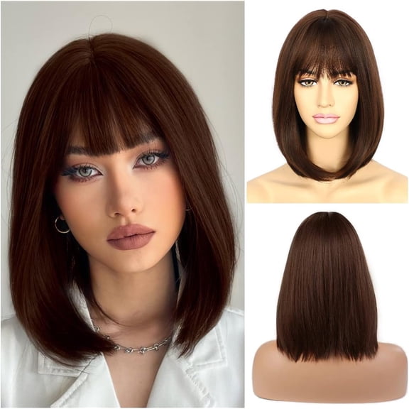 Synthetic Bob Wig with Bangs for Women, Adjustable Cap, Heat Styling, a wearable hairpiece for daily wear, party and costume styling, and special event styling and outfit changes,Dark Brown