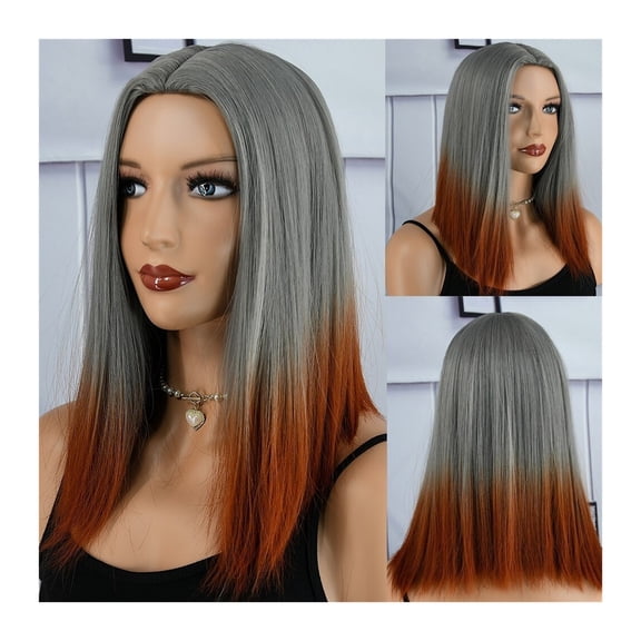 Synthetic Bob Wig Short Gray Gradient Orange Bob Wig Natural Heat-resistant Fiber Wig Middle Part Straight Wigs for Daily Use