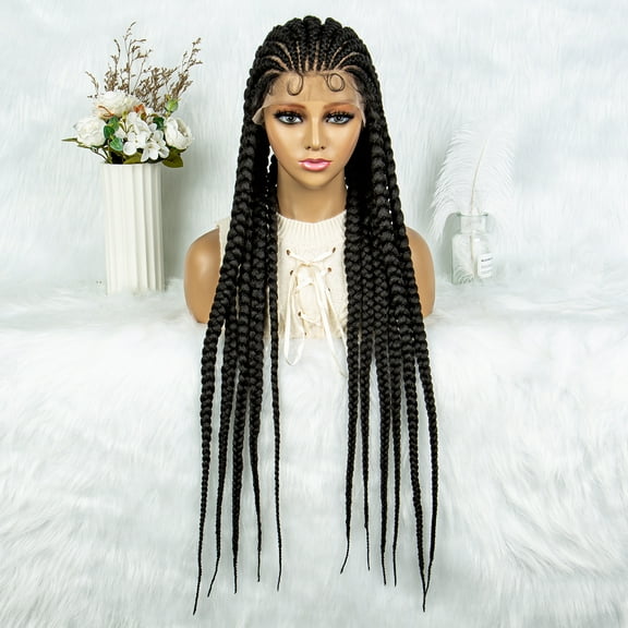 Synthetic Braid Wigs for Black Women Double Full Head Lace 36 Inches Cornrow Braided Wigs with Baby Hair HD Lace Frontal 11 Tracks Braided Wigs Synthetic Hair Wig (1B Color)