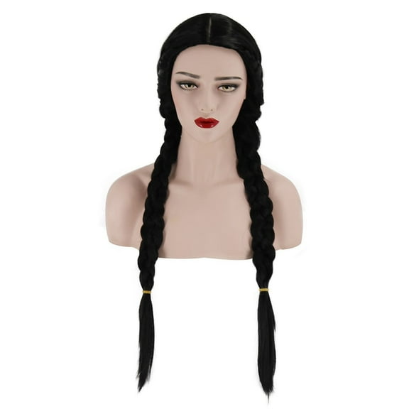 Synthetic Braided Double Wig Long Straight Black Women's Heat Resistant High Temperature Silk Wig with Adjustable Cap, 24 Inch, Easy to Wear for Daily Party Cosplay