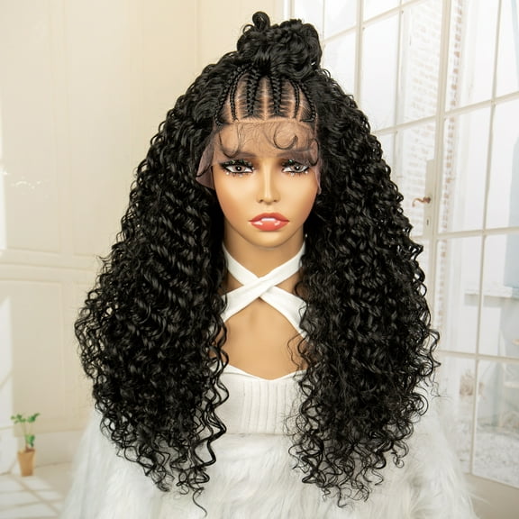 Synthetic Braided Hair Wigs for Black Women 24 Inches Curly Braided Wigs with Baby Hair Natural Daily Use Glueless Braided Wigs Pre Pucked Knotless Box Lace Front Braided Wigs with Bun