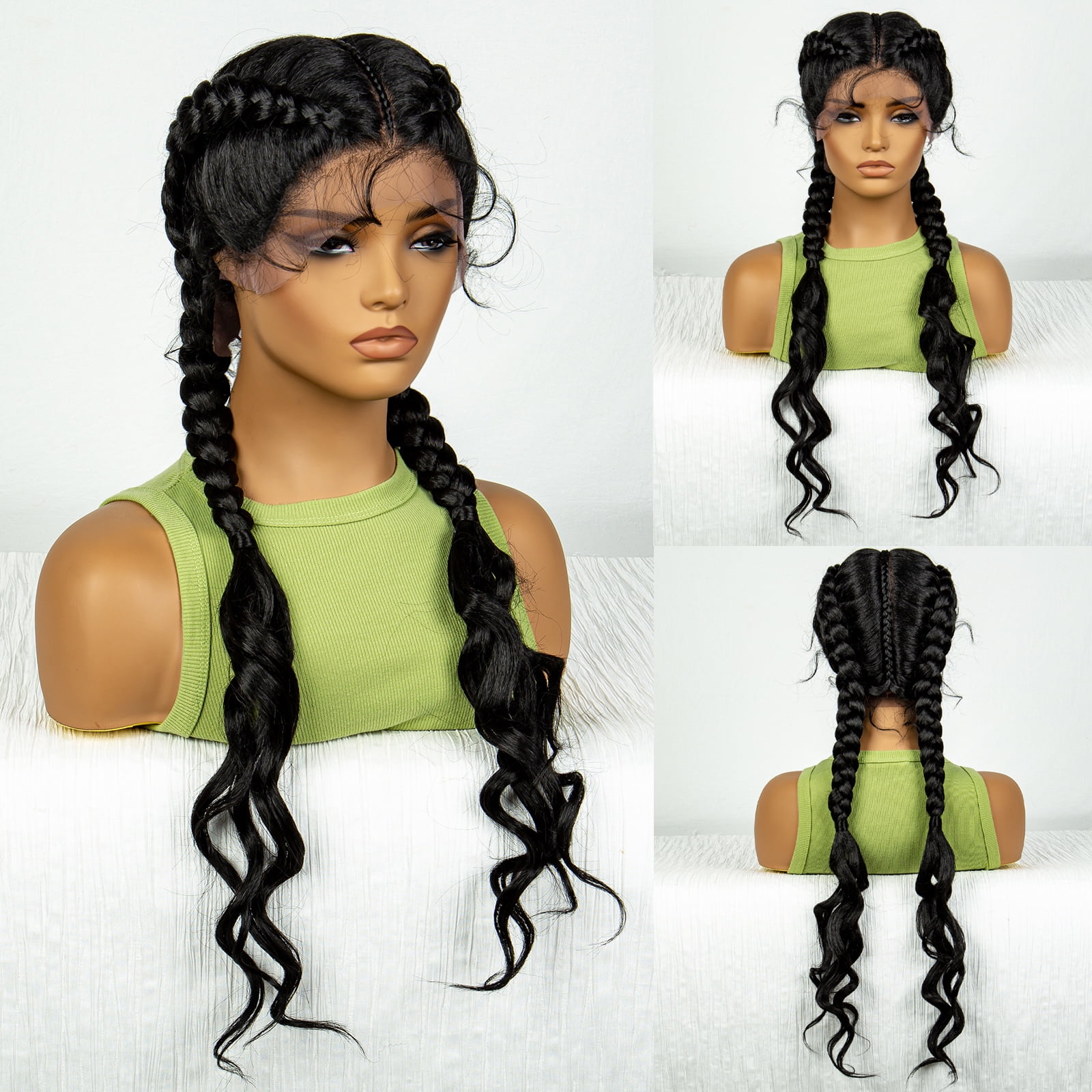 Synthetic Braided Wigs with Curly Wave for Women Lace Frontal Twist Braids Wig with Baby Hair for Girls 30 Inches (1B Color)