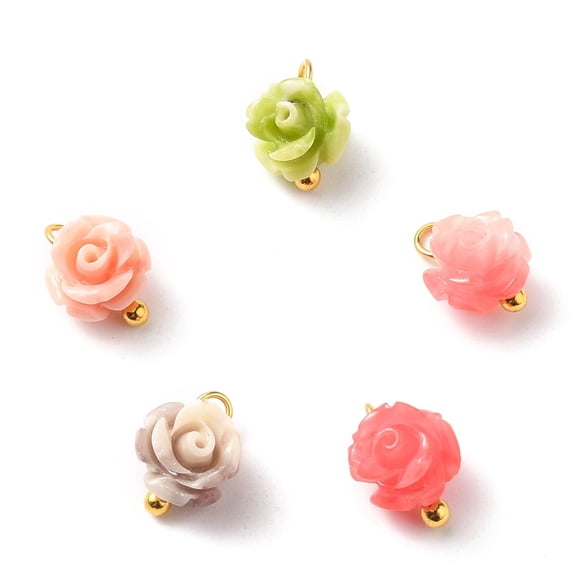 Synthetic Coral Charms with Golden Brass Ball Head Pins Flower Mixed Color 9x7x6.5mm Hole: 1.6mm