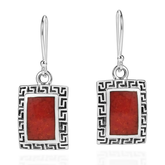 Synthetic Coral Greek Key Frame Sterling Silver Dangle Earrings