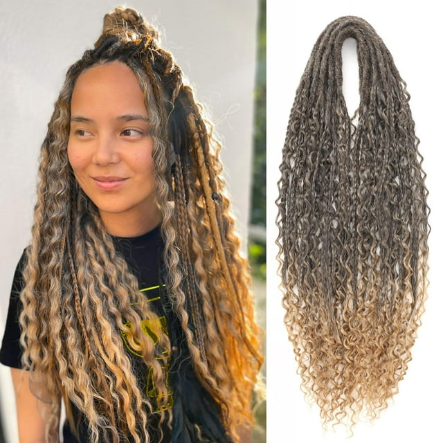 Synthetic Double Ended Boho Dreadlock Extensions 24 Inch Ombre Honey Blonde Dread Extensions 10 Strands Handmade Boho Box Braids Wavy Curly Ends Braid in Handmade Thin Wool Dreads for Women