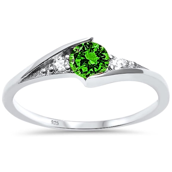 Synthetic Emerald CZ Three Stone Wavy Ring Sterling Silver Size 5