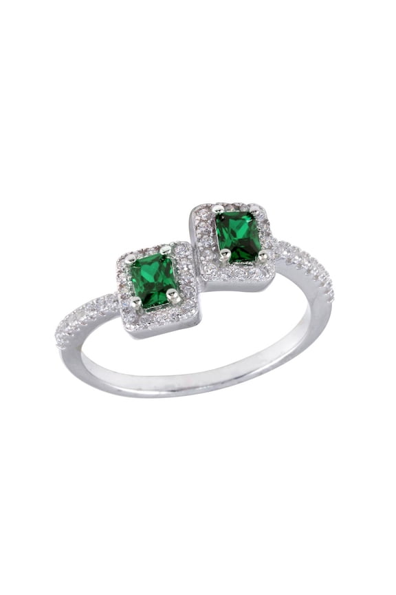 Synthetic Emerald Clear CZ Double Square Ring Sterling Silver Size 9