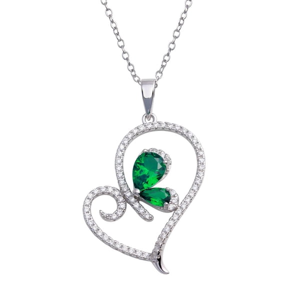 Synthetic Emerald Clear CZ Swirl Open Heart Butterfly Sterling Silver