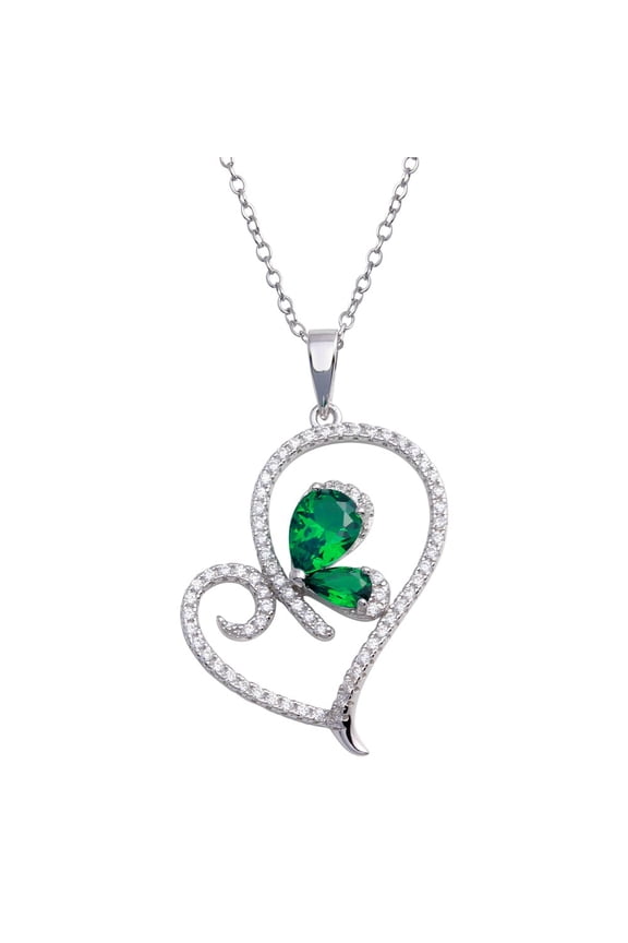 Synthetic Emerald Clear CZ Swirl Open Heart Butterfly Sterling Silver