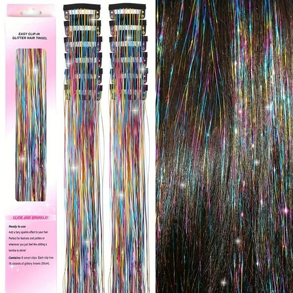 Synthetic Fiber Clip-in Hair Tinsel, Sparkly Glitter Hair Extensions for Christmas & New Year