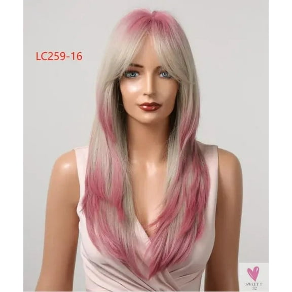 Synthetic Fiber Wigs for Women & Girls, Long Straight Wavy Brown Blonde Wigs with Bangs, Heat Resistant