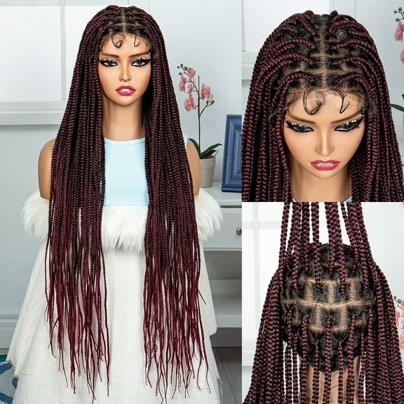 Synthetic Full Double Lace Knotless Box Braided Wigs for African American Women 36 Inches Burgundy Hair with Natural Baby Hair Free parting Lace Frontal Cornrow Hand Braiding Wig (1B/BUG Color)