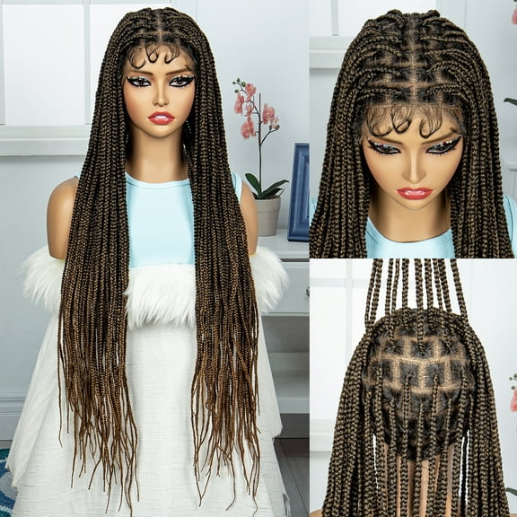 Synthetic Full Double Lace Knotless Box Braided Wigs for African American Women 36 Inches Honey Blonde Hair with Natural Baby Hair Free parting Lace Frontal Cornrow Hand Braiding Wig (1B/27 Color)
