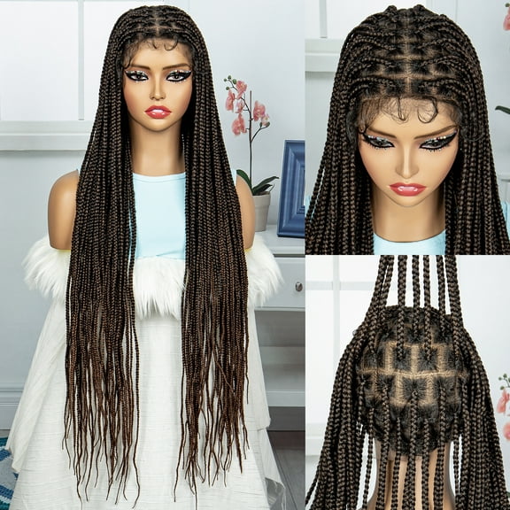 Synthetic Full Double Lace Knotless Box Braided Wigs for African American Women 36 Inches Omber Brown Hair with Natural Baby Hair Free parting Lace Frontal Cornrow Hand Braiding Wig (1B/30 Color)