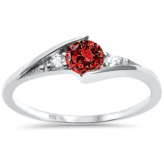 Synthetic Garnet CZ Three Stone Wavy Ring Sterling Silver Size 8