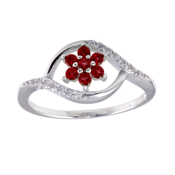 Synthetic Garnet Clear CZ Flower Wavy B& Ring Sterling Silver Size 6