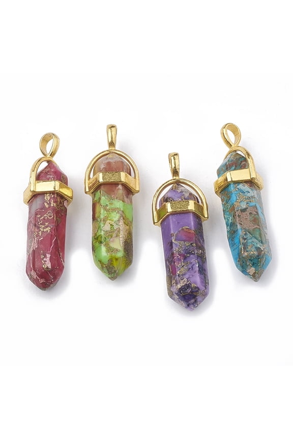 Synthetic Gold Line Regalite/Imperial Jasper/Sea Sediment Jasper Double Terminated Pointed Pendants with Brass Findings Dyed 40~41x12~13x10~10.5mm Hole: 3x4.5mm