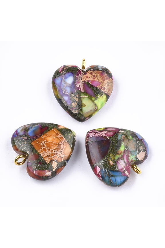 Synthetic Gold Line Regalite/Imperial Jasper/Sea Sediment Jasper Pendants with Iron Findings Heart Golden Colorful 22x20.5x7mm Hole: 2mm