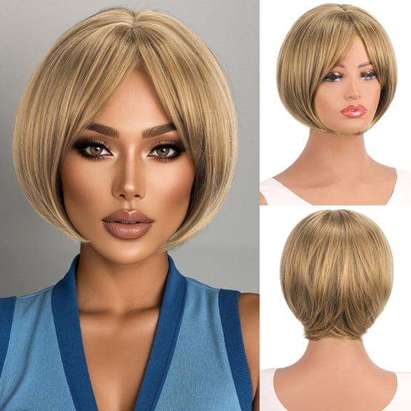 Synthetic Gold Short Bob Wig - Fashionable Straight Full Wig for Women, Natural-Looking Heat-Resistant Fiber, Soft Comfortable Lightweight Hairpiece, Easy Styling, Everyday Wear