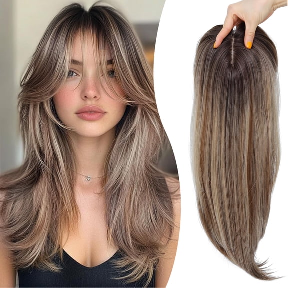 Synthetic Hair Topper with Bangs 18 Inch Layered Toppers for Women with Thinning Hair 5.5" x 5" hand Tied Forehead Hairline 360° 3D Cover Wispy Synthetic Toppers Hair for Women Fiber Wiglets