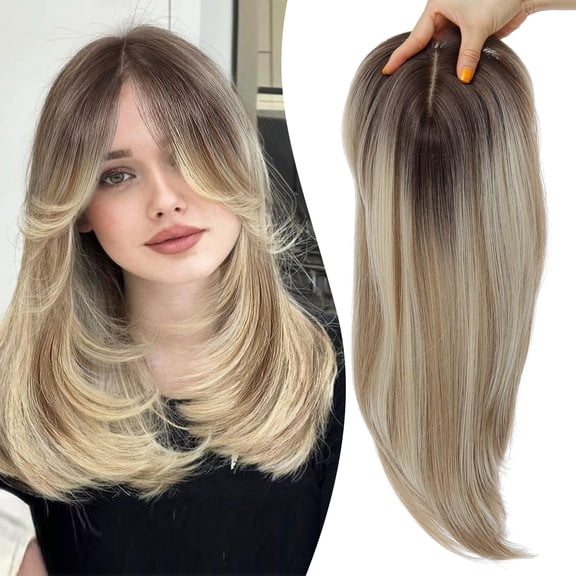 Synthetic Hair Topper with Bangs 18 Inch Layered Toppers for Women with Thinning Hair 5.5" x 5" hand Tied Forehead Hairline 360° 3D Cover Wispy Synthetic Toppers Hair for Women Fiber Wiglets