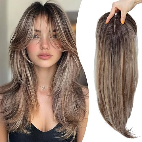 Synthetic Hair Topper with Bangs 18 Inch Layered Toppers for Women with Thinning Hair 5.5" x 5" hand Tied Forehead Hairline 360? Cover Wispy Synthetic Toppers Hair for Women Fiber Wiglets