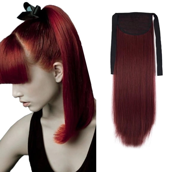 Synthetic Heat Resistant Fiber Straight Clip in Hair Extensions 24" 90g Wine Red Wrap Around Binding Tie Up Extension Ponytail for Women Cosplay Party Girl