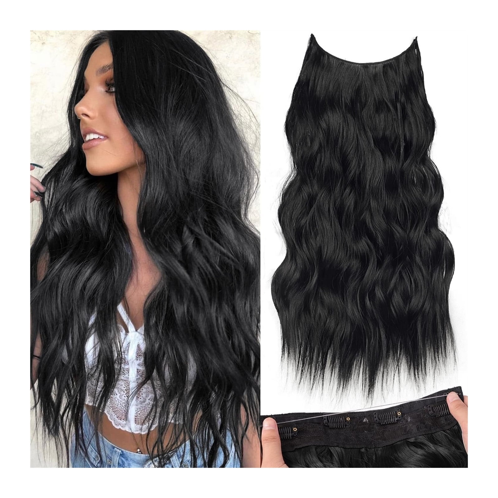 Synthetic Invisible Wire Hair Extensions with Transparent Wire 4 Secure Clips Long Wavy Secret Hairpiece 22 Inch Black for Women