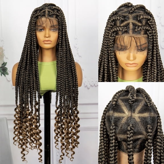 Synthetic Knotless Box Braided Wigs for Black Women 34 Inches Double Full Lace Handmade Cornrow Braiding Wigs with Baby Hair Lace Frontal Curly Wave Ends Braids Wig (1B/27 Color)
