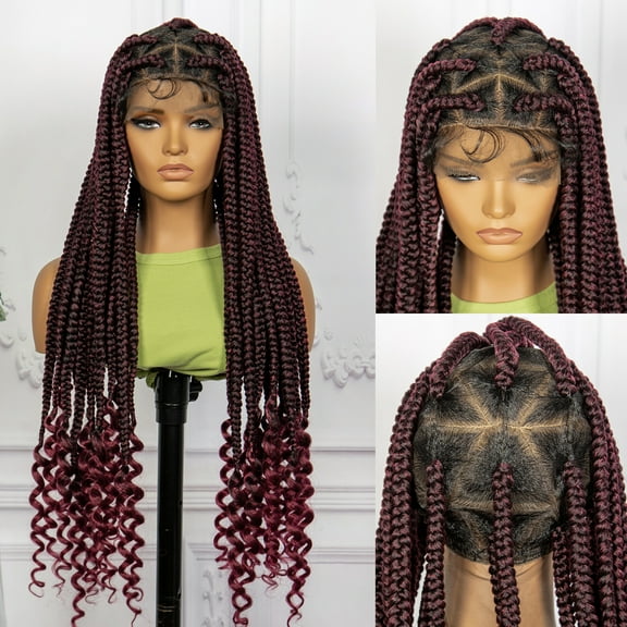 Synthetic Knotless Box Braided Wigs for Black Women 34 Inches Double Full Lace Handmade Cornrow Braiding Wigs with Baby Hair Lace Frontal Curly Wave Ends Braids Wig (1B/BUG Color)