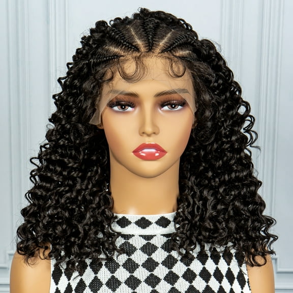 Synthetic Lace Front Braided Wigs with Baby Hair for Black Women 16 Inches Knotless Box Braided Hair Wigs Curly Bob Braided Lace Wigs