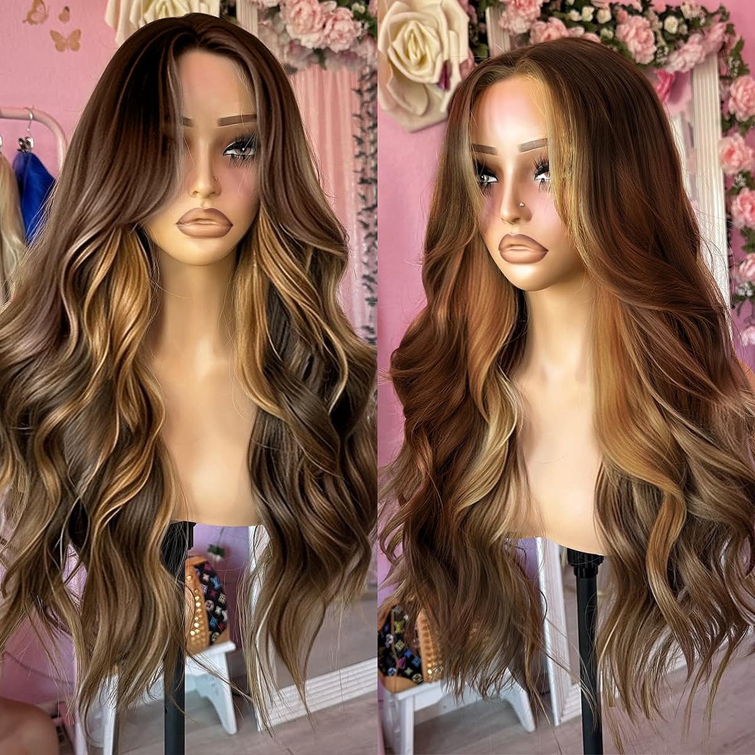 Lace front brown mix blonde wig.. KOME Brown mix Blonde Synthetic Lace Front Wig,Side Part  main image 3