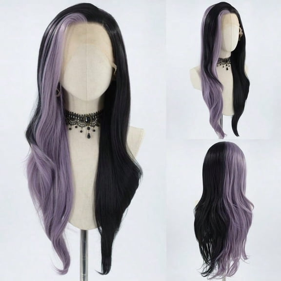 Synthetic Lace Front Wigs Long Highlight Purple Black Split Hair Heat Resistant Half Black Purple Side Part 24Inch Long Party Wigs