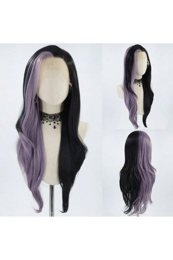 Synthetic Lace Front Wigs Long Highlight Purple Black Split Hair Heat Resistant Half Black Purple Side Part 24Inch Long Party Wigs