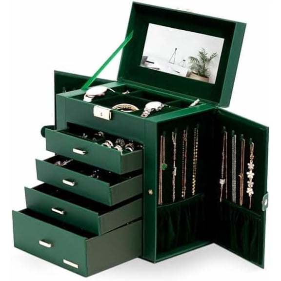 Synthetic Leather Huge Jewelry Box Mirrored Watch Organizer Necklace Ring Earring Storage Lockable Gift Case (Forest Green + Gold)