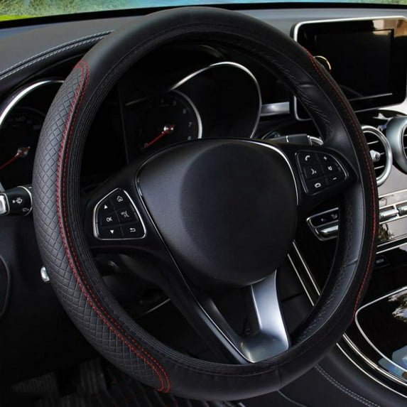Synthetic Leather Steering Wheel Cover Breathable Auto Car Steering Wheel Cover for Men and Women Universal 15 Inches Black Red