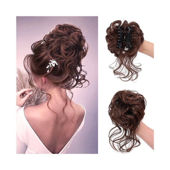 Synthetic Messy Bun Hair Piece with Tendrils Claw Clip Curly Hair Scrunchie Ponytail Extensions