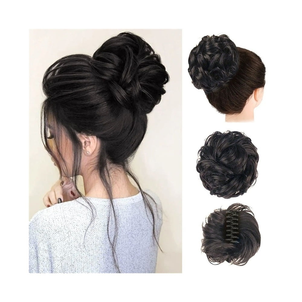 Synthetic Messy Hair Bun Chignon Claw Clip in Hair Piece Wavy Curly Ponytail Extensions
